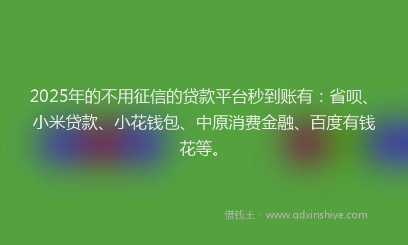 2025年的不用征信的贷款平台秒到账有：省呗、小米贷款、小花钱包、中原消费金融、百度有钱花等。