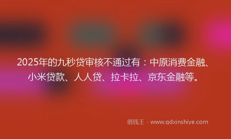 2025年的九秒贷审核不通过有：中原消费金融、小米贷款、人人贷、拉卡拉、京东金融等。