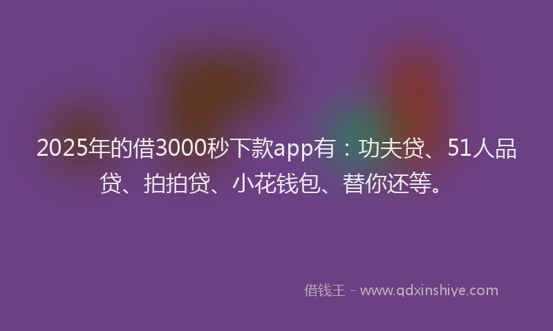 2025年的借3000秒下款app有：功夫贷、51人品贷、拍拍贷、小花钱包、替你还等。