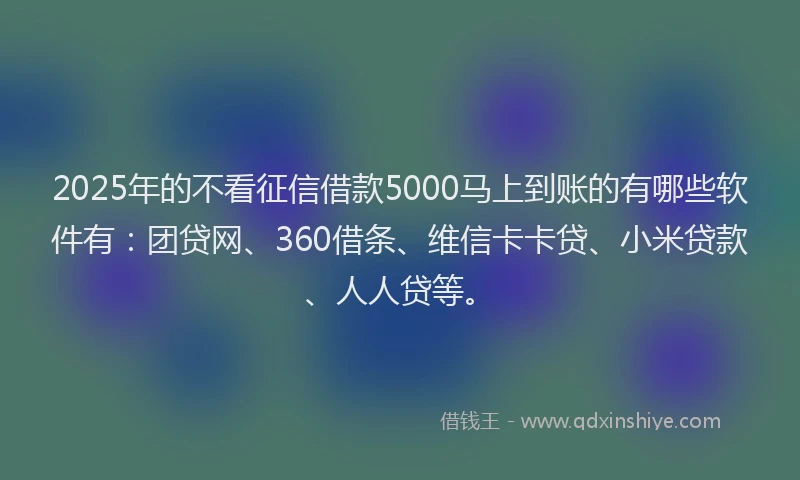 2025年的不看征信借款5000马上到账的有哪些软件有：团贷网、360借条、维信卡卡贷、小米贷款、人人贷等。
