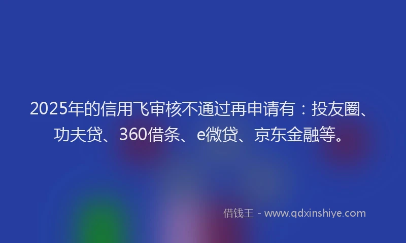 2025年的信用飞审核不通过再申请有：投友圈、功夫贷、360借条、e微贷、京东金融等。