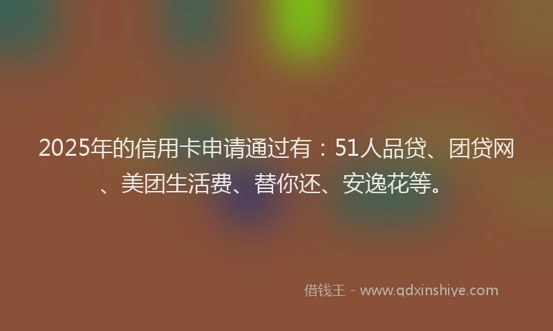 2025年的信用卡申请通过有：51人品贷、团贷网、美团生活费、替你还、安逸花等。