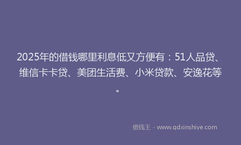 2025年的借钱哪里利息低又方便有：51人品贷、维信卡卡贷、美团生活费、小米贷款、安逸花等。