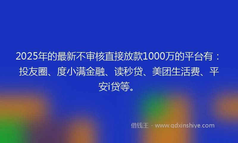 2025年的最新不审核直接放款1000万的平台有：投友圈、度小满金融、读秒贷、美团生活费、平安i贷等。