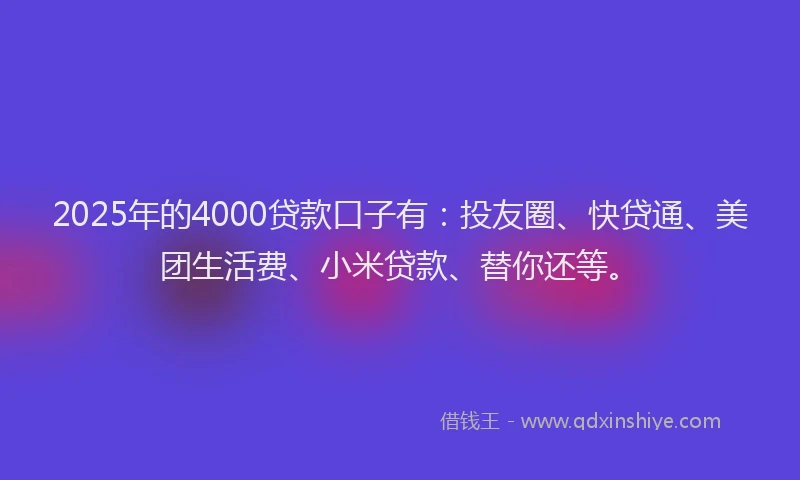 2025年的4000贷款口子有：投友圈、快贷通、美团生活费、小米贷款、替你还等。