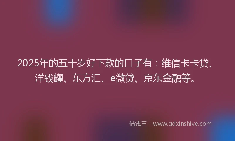 2025年的五十岁好下款的口子有：维信卡卡贷、洋钱罐、东方汇、e微贷、京东金融等。