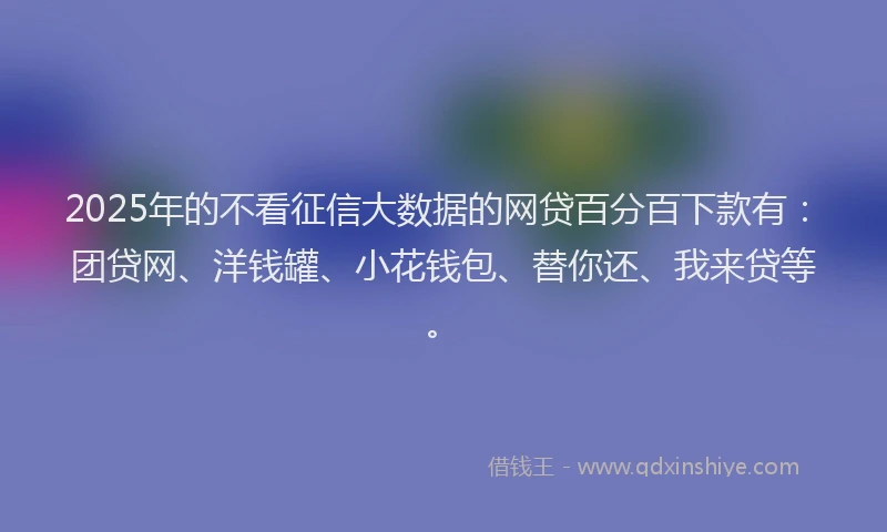 2025年的不看征信大数据的网贷百分百下款有：团贷网、洋钱罐、小花钱包、替你还、我来贷等。