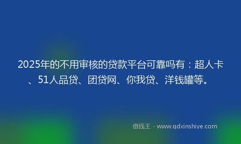 2025年的不用审核的贷款平台可靠吗有：超人卡、51人品贷、团贷网、你我贷、洋钱罐等。