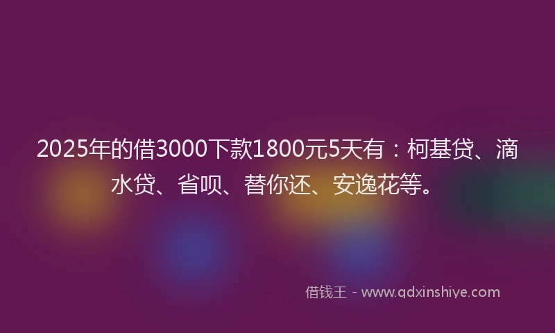 2025年的借3000下款1800元5天有：柯基贷、滴水贷、省呗、替你还、安逸花等。