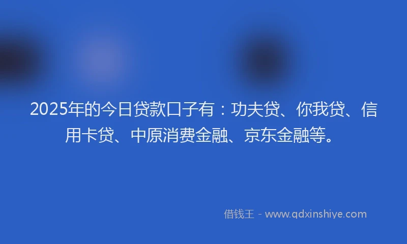 2025年的今日贷款口子有：功夫贷、你我贷、信用卡贷、中原消费金融、京东金融等。