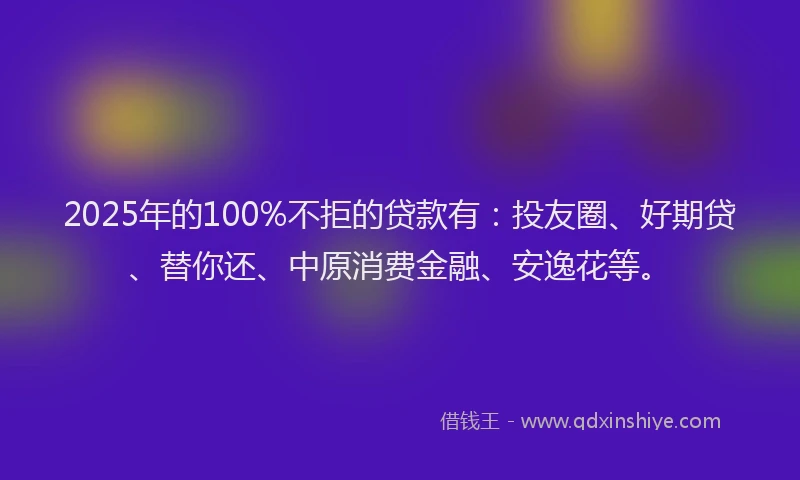 2025年的100%不拒的贷款有：投友圈、好期贷、替你还、中原消费金融、安逸花等。