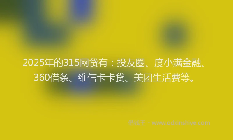 2025年的315网贷有：投友圈、度小满金融、360借条、维信卡卡贷、美团生活费等。
