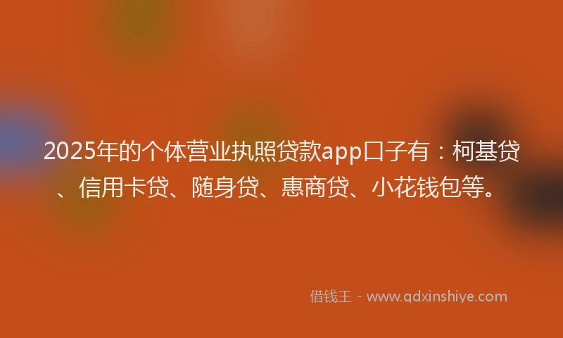 2025年的个体营业执照贷款app口子有：柯基贷、信用卡贷、随身贷、惠商贷、小花钱包等。