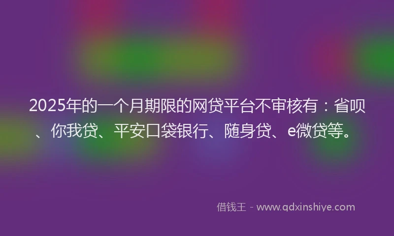 2025年的一个月期限的网贷平台不审核有：省呗、你我贷、平安口袋银行、随身贷、e微贷等。