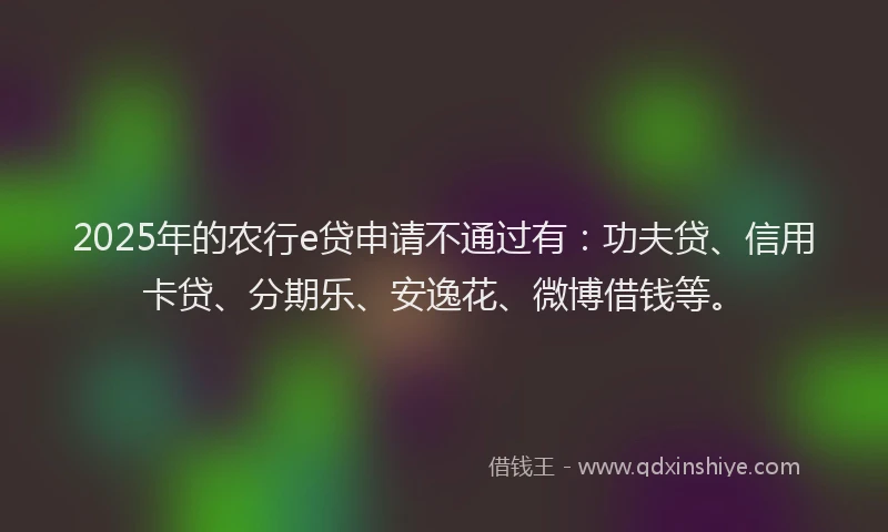 2025年的农行e贷申请不通过有：功夫贷、信用卡贷、分期乐、安逸花、微博借钱等。