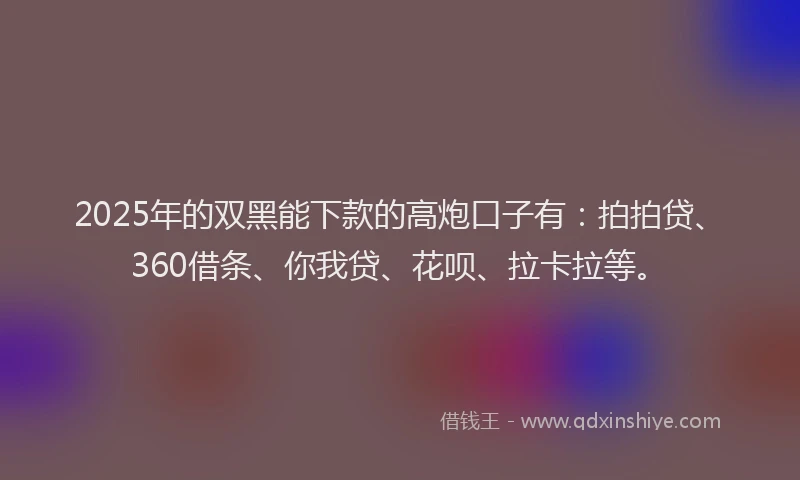 2025年的双黑能下款的高炮口子有：拍拍贷、360借条、你我贷、花呗、拉卡拉等。