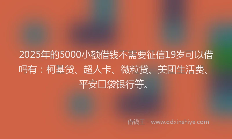 2025年的5000小额借钱不需要征信19岁可以借吗有：柯基贷、超人卡、微粒贷、美团生活费、平安口袋银行等。
