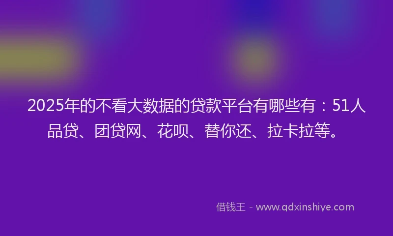 2025年的不看大数据的贷款平台有哪些有：51人品贷、团贷网、花呗、替你还、拉卡拉等。