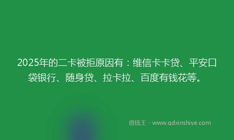 2025年的二卡被拒原因有：维信卡卡贷、平安口袋银行、随身贷、拉卡拉、百度有钱花等。