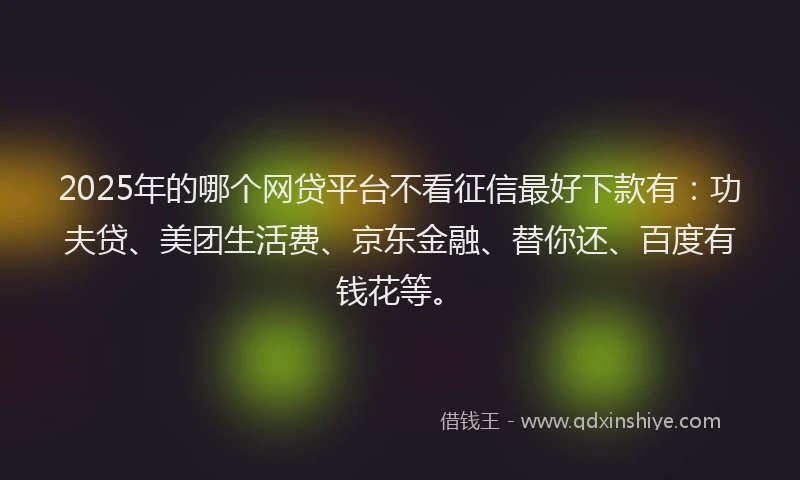 2025年的哪个网贷平台不看征信最好下款有：功夫贷、美团生活费、京东金融、替你还、百度有钱花等。