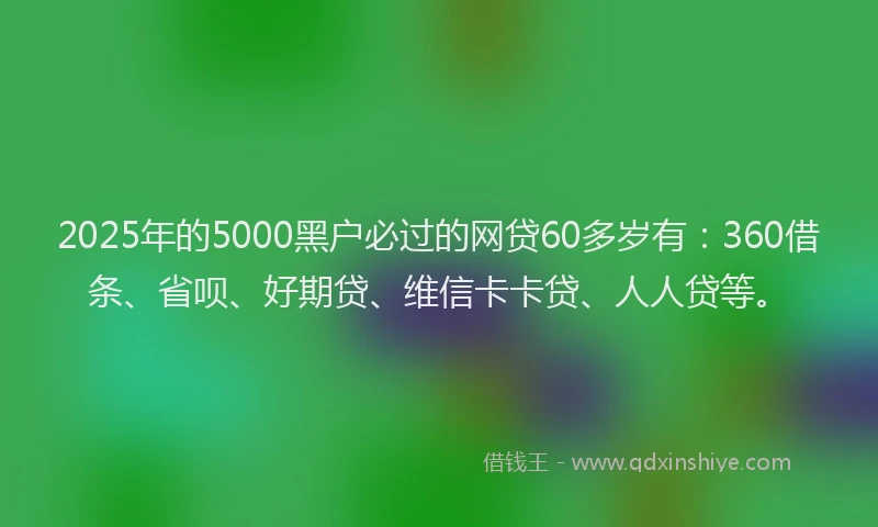 2025年的5000黑户必过的网贷60多岁有：360借条、省呗、好期贷、维信卡卡贷、人人贷等。