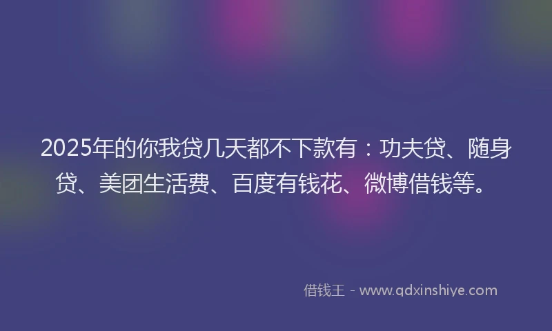 2025年的你我贷几天都不下款有：功夫贷、随身贷、美团生活费、百度有钱花、微博借钱等。