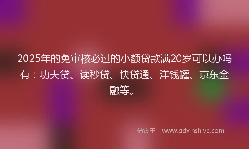 2025年的免审核必过的小额贷款满20岁可以办吗有：功夫贷、读秒贷、快贷通、洋钱罐、京东金融等。