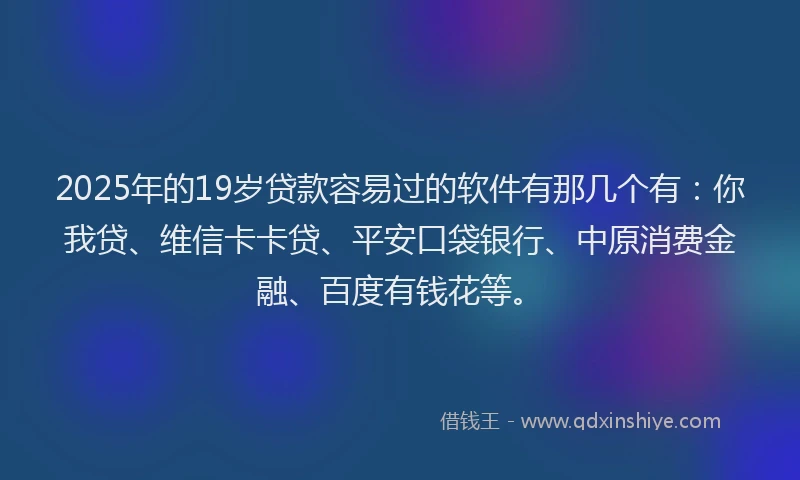 2025年的19岁贷款容易过的软件有那几个有：你我贷、维信卡卡贷、平安口袋银行、中原消费金融、百度有钱花等。