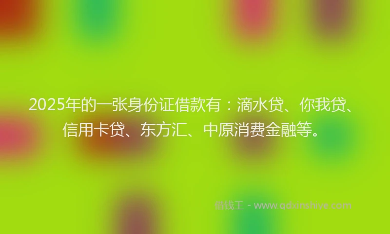 2025年的一张身份证借款有：滴水贷、你我贷、信用卡贷、东方汇、中原消费金融等。