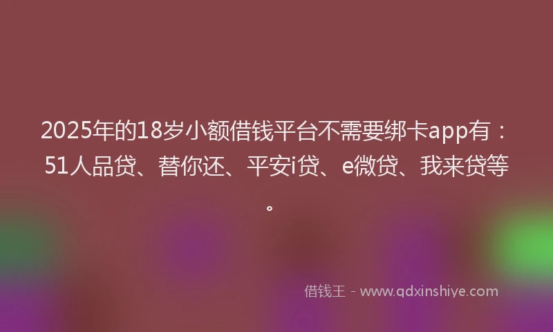 2025年的18岁小额借钱平台不需要绑卡app有：51人品贷、替你还、平安i贷、e微贷、我来贷等。