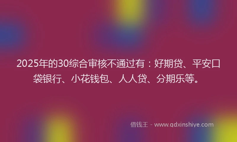 2025年的30综合审核不通过有：好期贷、平安口袋银行、小花钱包、人人贷、分期乐等。