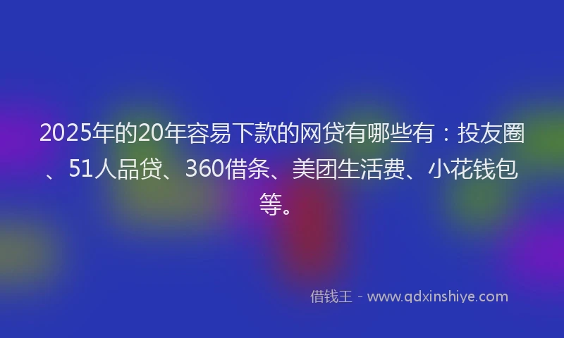 2025年的20年容易下款的网贷有哪些有：投友圈、51人品贷、360借条、美团生活费、小花钱包等。