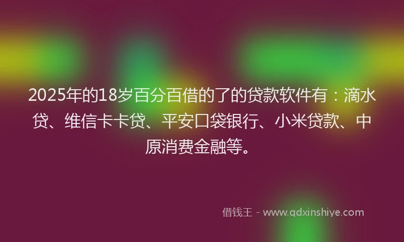 2025年的18岁百分百借的了的贷款软件有：滴水贷、维信卡卡贷、平安口袋银行、小米贷款、中原消费金融等。