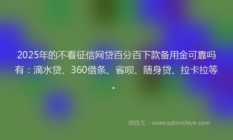 2025年的不看征信网贷百分百下款备用金可靠吗有：滴水贷、360借条、省呗、随身贷、拉卡拉等。
