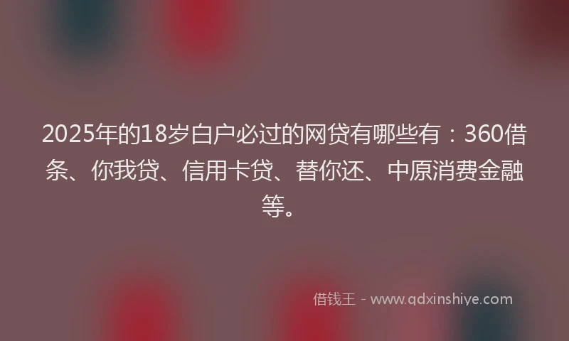 2025年的18岁白户必过的网贷有哪些有：360借条、你我贷、信用卡贷、替你还、中原消费金融等。