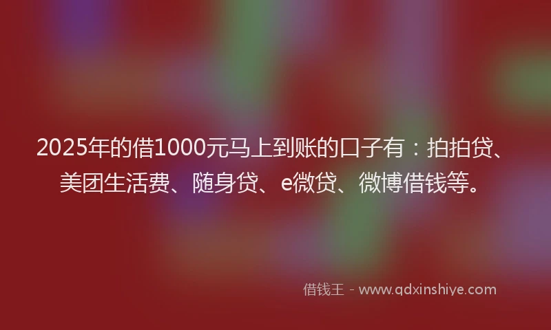 2025年的借1000元马上到账的口子有：拍拍贷、美团生活费、随身贷、e微贷、微博借钱等。