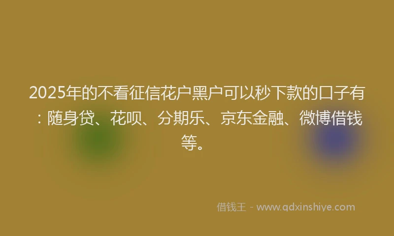 2025年的不看征信花户黑户可以秒下款的口子有：随身贷、花呗、分期乐、京东金融、微博借钱等。