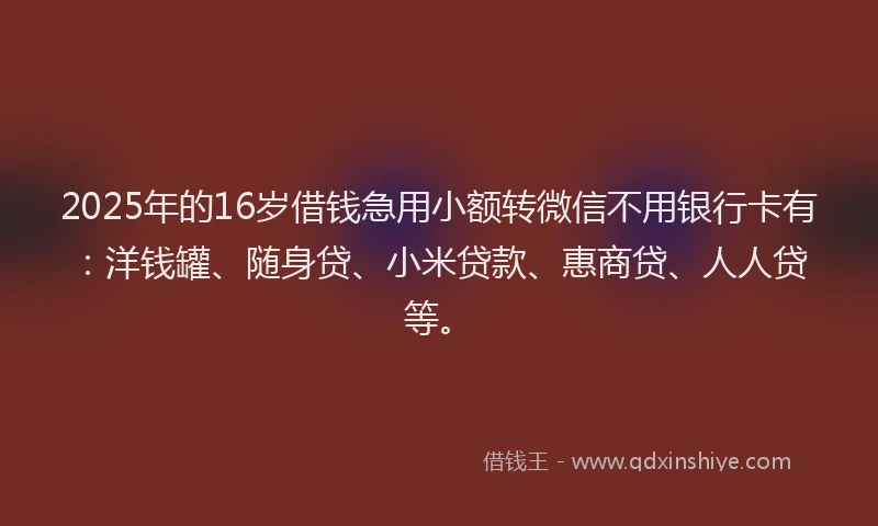 2025年的16岁借钱急用小额转微信不用银行卡有：洋钱罐、随身贷、小米贷款、惠商贷、人人贷等。