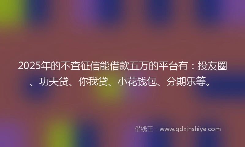 2025年的不查征信能借款五万的平台有：投友圈、功夫贷、你我贷、小花钱包、分期乐等。