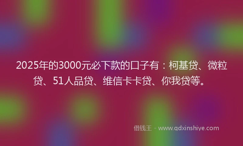 2025年的3000元必下款的口子有：柯基贷、微粒贷、51人品贷、维信卡卡贷、你我贷等。