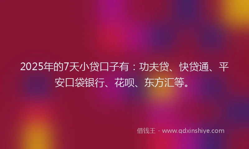 2025年的7天小贷口子有：功夫贷、快贷通、平安口袋银行、花呗、东方汇等。
