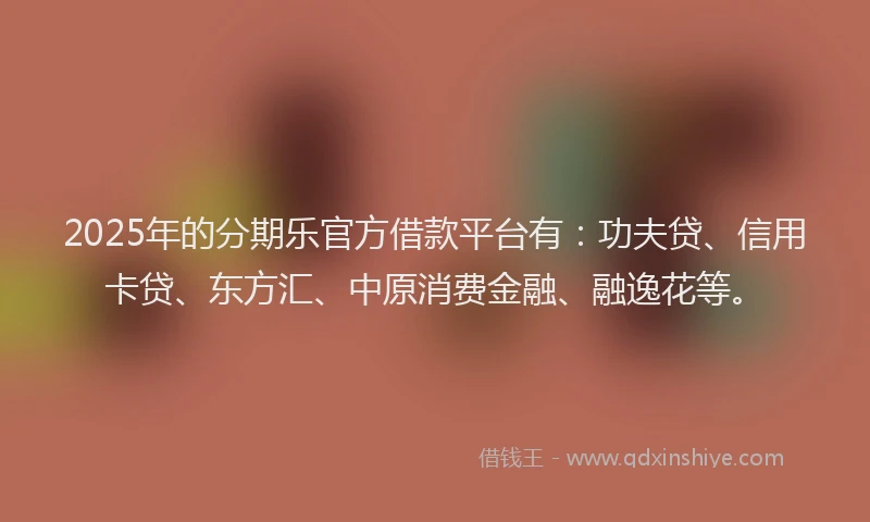 2025年的分期乐官方借款平台有：功夫贷、信用卡贷、东方汇、中原消费金融、融逸花等。