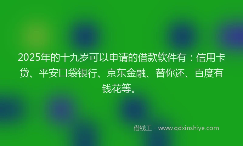 2025年的十九岁可以申请的借款软件有：信用卡贷、平安口袋银行、京东金融、替你还、百度有钱花等。