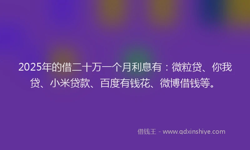 2025年的借二十万一个月利息有：微粒贷、你我贷、小米贷款、百度有钱花、微博借钱等。