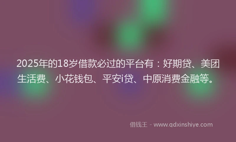 2025年的18岁借款必过的平台有：好期贷、美团生活费、小花钱包、平安i贷、中原消费金融等。