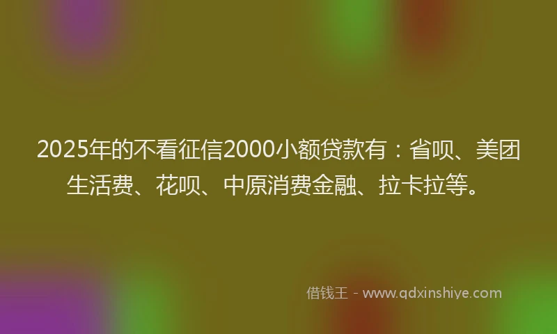 2025年的不看征信2000小额贷款有：省呗、美团生活费、花呗、中原消费金融、拉卡拉等。