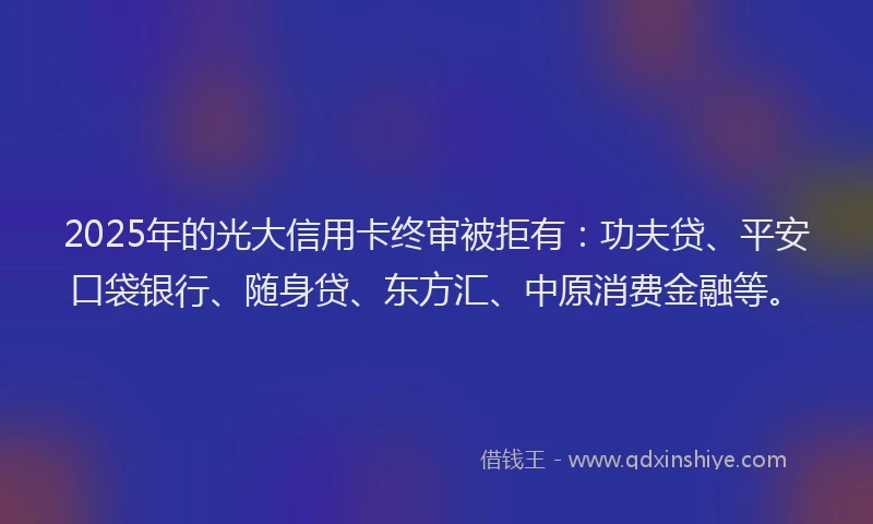 2025年的光大信用卡终审被拒有：功夫贷、平安口袋银行、随身贷、东方汇、中原消费金融等。