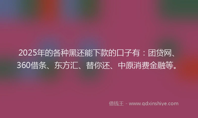 2025年的各种黑还能下款的口子有：团贷网、360借条、东方汇、替你还、中原消费金融等。