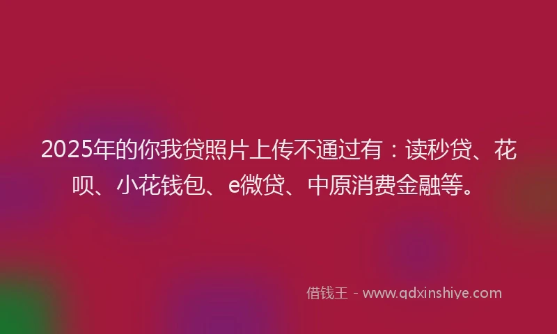 2025年的你我贷照片上传不通过有：读秒贷、花呗、小花钱包、e微贷、中原消费金融等。