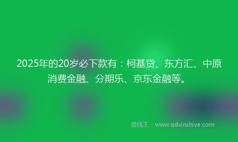 2025年的20岁必下款有：柯基贷、东方汇、中原消费金融、分期乐、京东金融等。